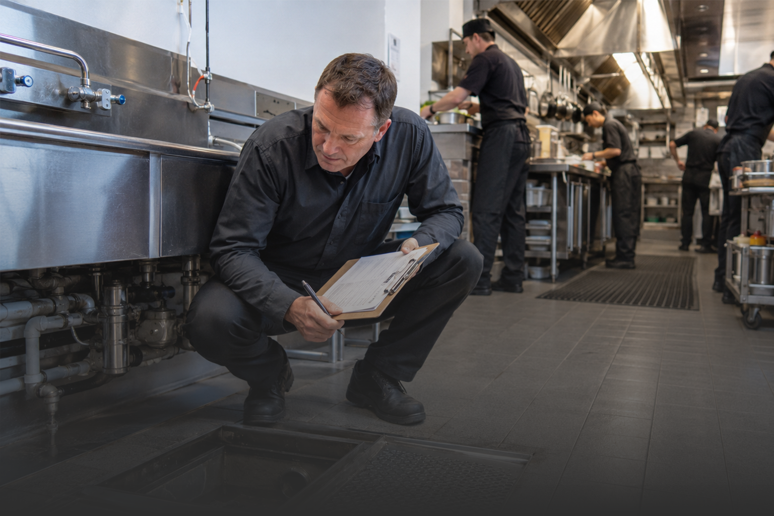 Technician cleaning a commercial grease trap under kitchen sinks